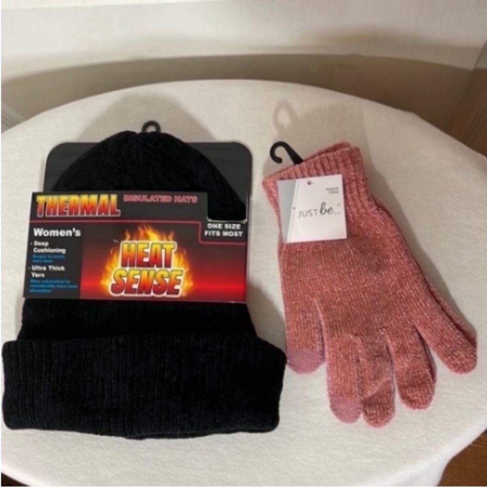 Pink Chenille Gloves Knit Beanie Thermal Black Heat Sense Thick Hat Holiday NEW - Picture 9 of 16